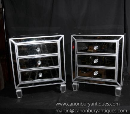 Pair Deco Mirrored Bedside Chests Nightstands Mirrors Furniture 